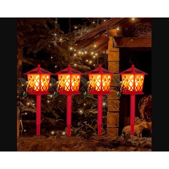 Other - Set Of 4 Solar-Powered Red Christmas Pathway Lights With Festive Holly & Berry A
